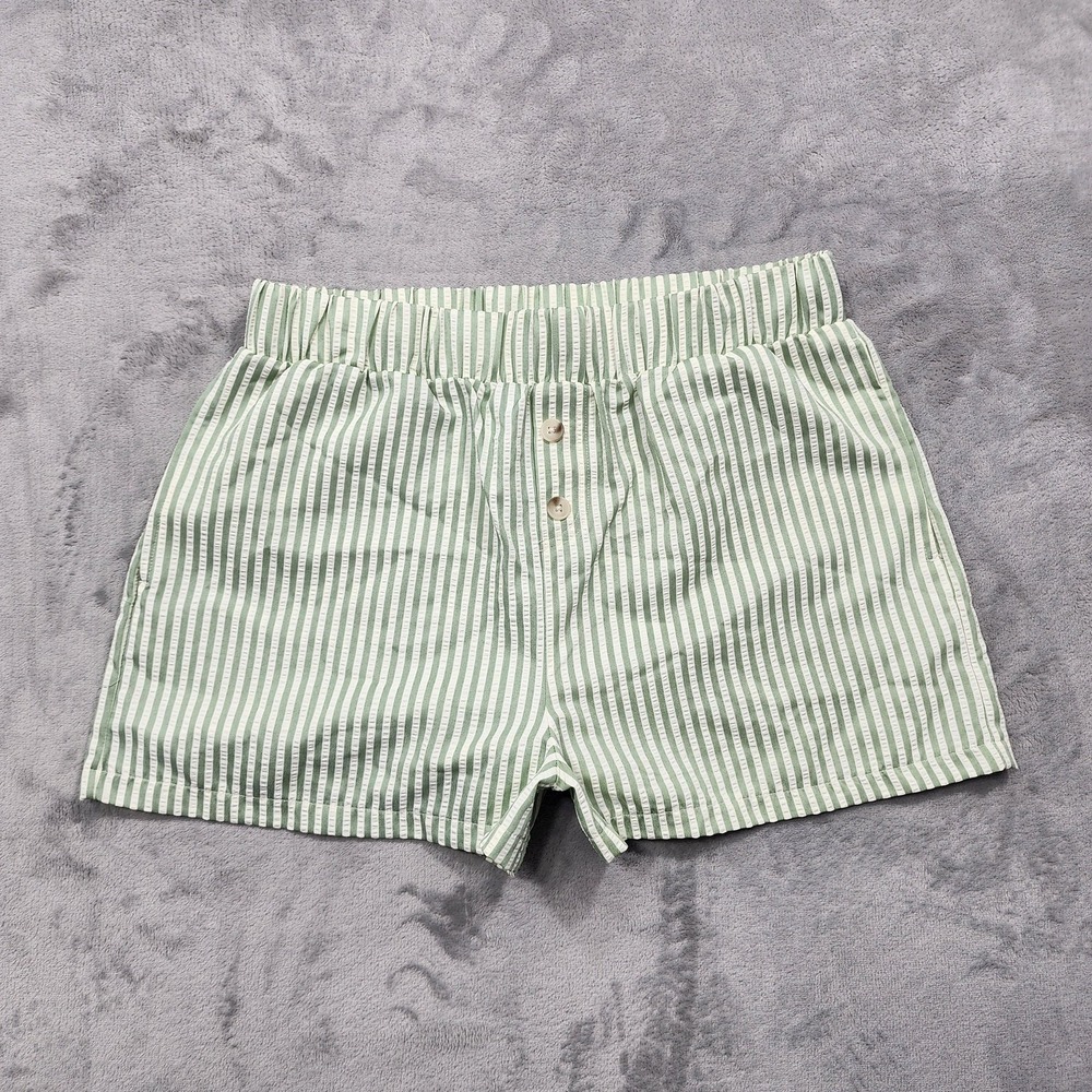 NEW Happily Grey Shorts Womens L Green Striped Poplin Pull On Casual Summer